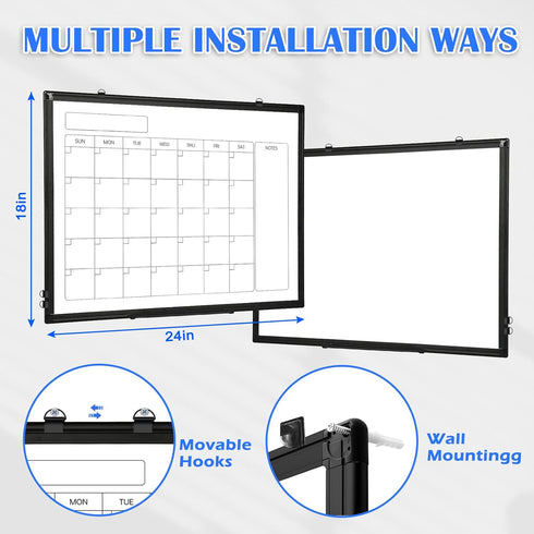 Monthly Calendar Dry Erase Whiteboard 24" x 18", Double-Sided Portable Board with Black Aluminium Frame