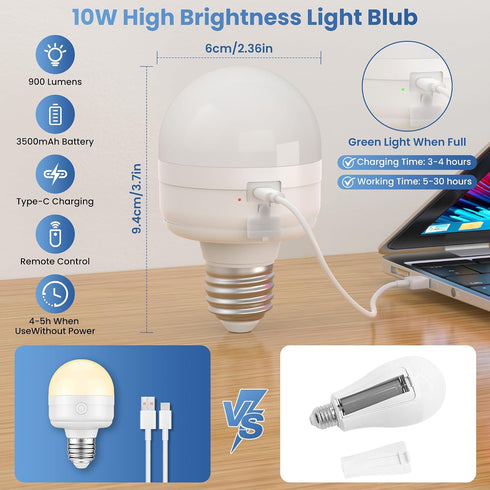 E26 Bulbs 10W 900lm 3-in-1 3500mAh 60W Bulbs 2 Pack Rechargeable Light with Remote, Battery Operated Emergency