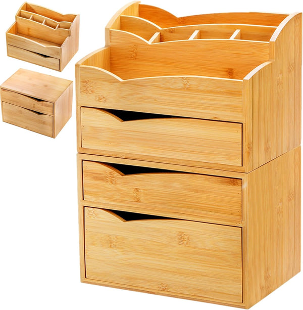 Yopay 2 Pack Bamboo Desk Organizer, Stackable with 3 Drawers, 100% Bamboo for Stationery, Makeup Vanity, Fully Assembled