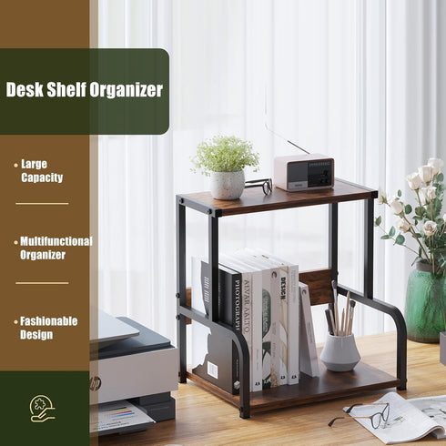 Office Desk Shelf Organizer, Wood Desktop Bookshelf Storage Rack, Stylish Vinyl Record Holder, Multi-functional for