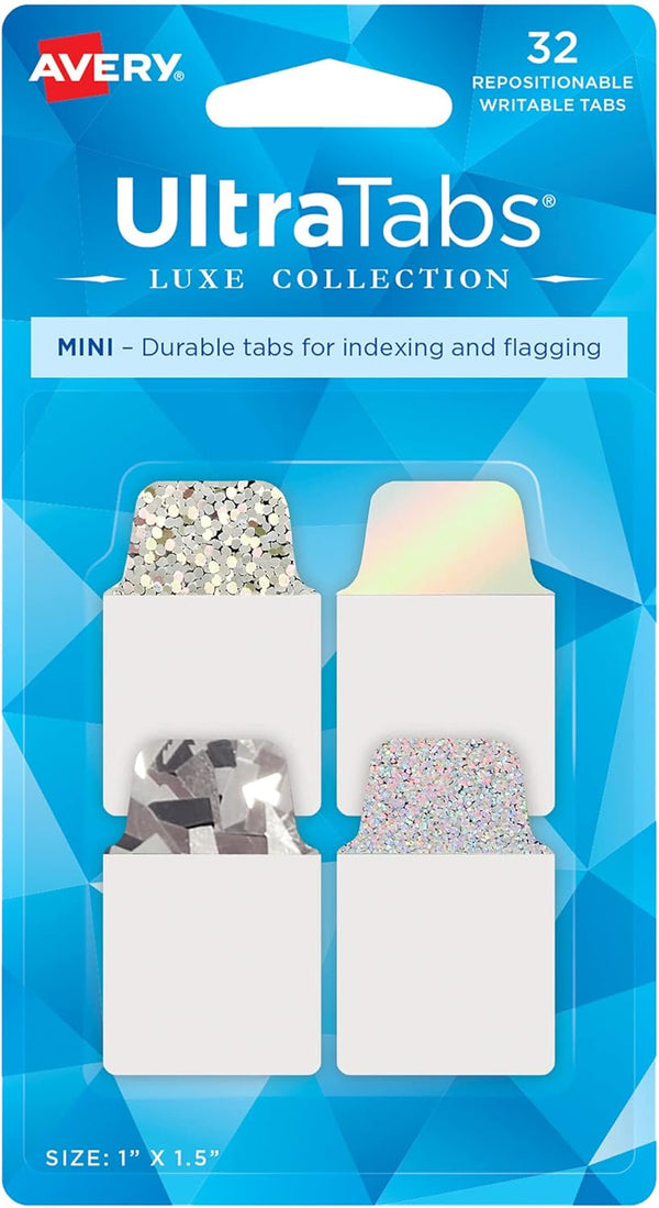 Avery Ultra Tabs Luxe Collection, 1" x 1.5" Mini Tabs, Holographic Iridescent Designs, 32 Repositionable Page Tabs