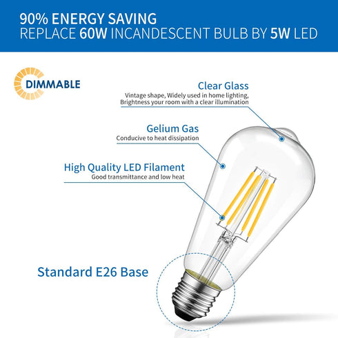 ST21 Bulb Bulbs 7W(60 800Lumens CRI80+ Dimmable 2700K E26 Lightbulbs, 6 Pack ANWIO Clear LED Edison Light LED Filament