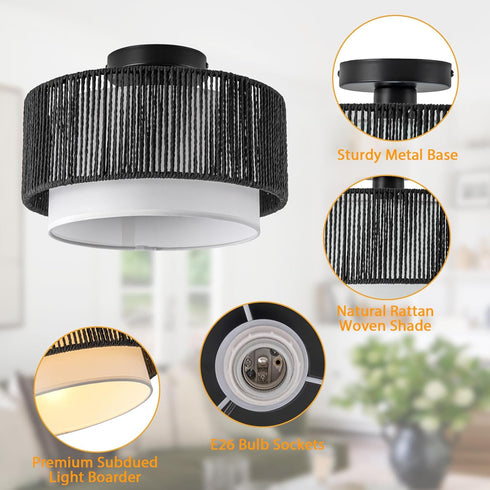 12'' Fixture,2-Tier SineRise Rattan Flush Mount Ceiling Light Drum Hand-Woven Boho Flush Mount Ceiling Light,Farmhouse