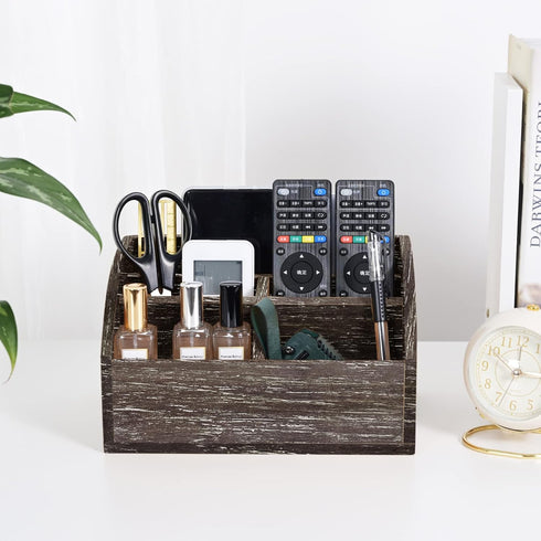 Wood Desk Organizer - Solid Dark Brown Pen Holder for Desktop, No Assembly Needed, Home Office Supplies Storage Box