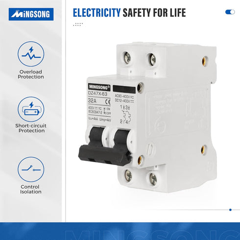 DC Solar Panels Disconnect Switch 32 Amp AC Solar Shut Off Switch 12V-400V 2 Poles Miniature Circuit Breaker for Solar