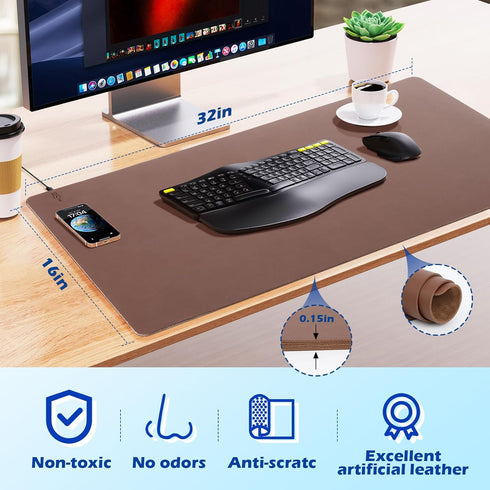 Wireless Charging Desk Mat with Desk Pad, Large Mouse Pad for Desktop Charging, Waterproof Leather Non-Slip Protector