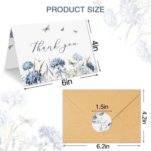 CYGGUN 25 46 Pcs Funeral Thank You Cards with Envelopes, In Watercolor Blue Flower Bereavement Card for Funeral Family