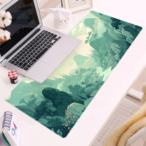 Cute Pastel Mint Green Forest Sage Desk Mat, Aesthetic Sunrise Anime Large Gaming Mouse Pad XL, 31.5"x11.8" with