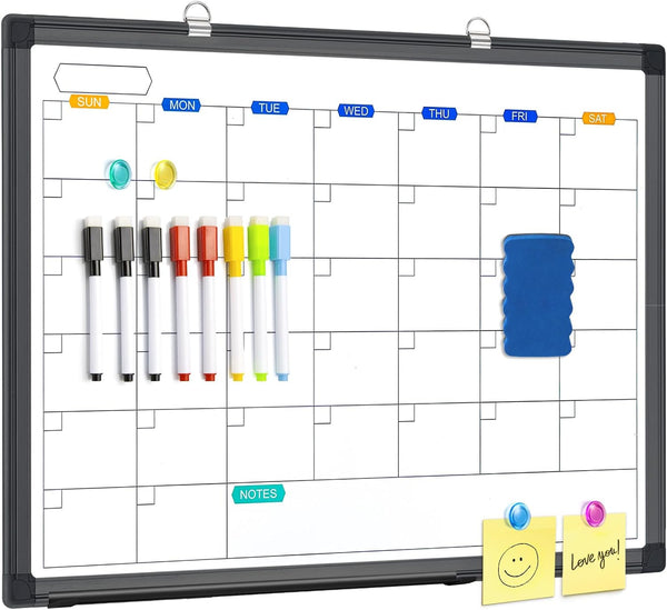 TRIPOLLO Dry Erase Calendar Whiteboard for Wall, 24" x 18" Magnetic Monthly Calendar with Black Aluminum Frame