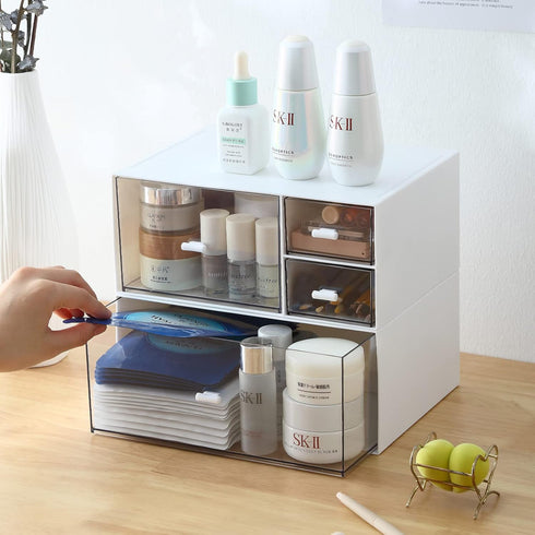 Desk Organizer, White Plastic Makeup Organizer with 4 Drawers, Vanity & Bathroom Storage Box for Dresser or Counter