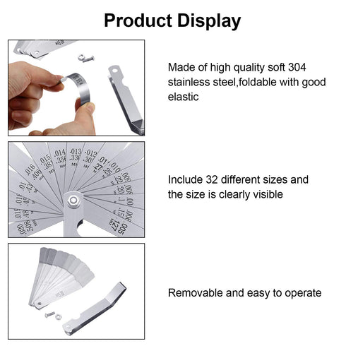 Stainless Steel Feeler Gauge, Dual Marked Metric and Imperial Measuring Tool (0.005/0.127-0.02/0.508 mm, 16 Blades)