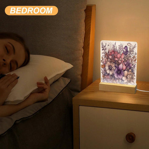KNASNCHD Floral Design Pattern Night Light with Wood Base USB Interface Power Supply,Bedside Table Lamp Acrylic Home