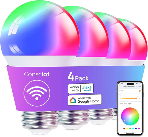 Consciot Smart Light Bulbs, A19 Color Changing Smart Bulbs, 800 Lumens 60W