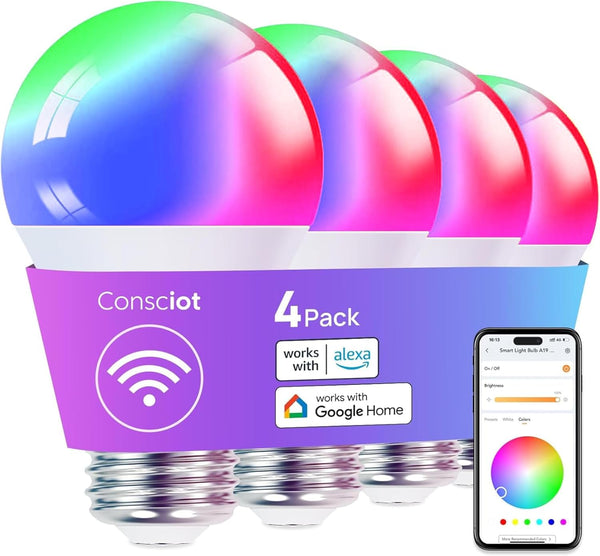 Consciot Smart Light Bulbs, A19 Color Changing Smart Bulbs, 800 Lumens 60W