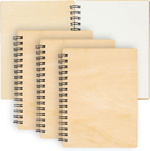 Juvale 4 Pack Wooden Cover Notebook, Spiral Bound Unruled Plain DIY Craft Journal, 20 Sheets Each (4.5 x 5.8 Inches)