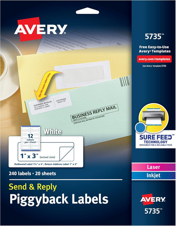 Avery Send & Reply Piggyback Mailing Labels, 1 x 3, Pack of 240 (5735)