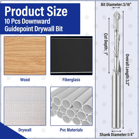 10 3/16 M2 Tondiamo Pcs Drywall Router Bits Drywall Rotor Tips High Speed Steel Cutting Bit Downward Router Cutout