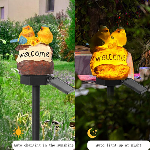 Welcome Birds Solar Powered Outdoor Garden Light, Resin Animal LED Stake Lights for Patio Yard Art Garden
