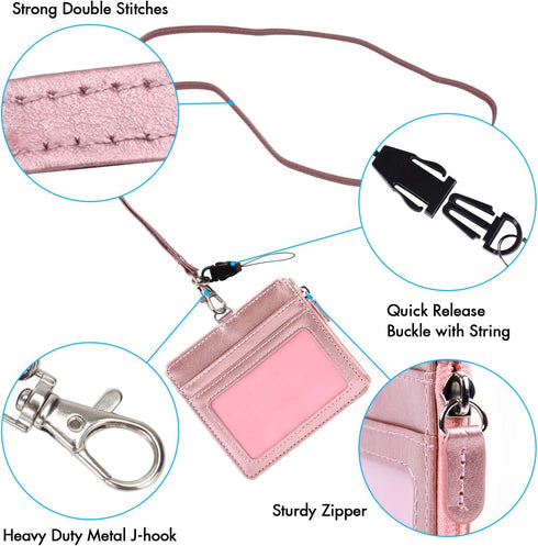 Wisdompro Badge Holder with Zip, 2-Sided PU Leather ID Holder with 1 ID Window, 4 Card Slots, Zipper Pocket, 20 Inch