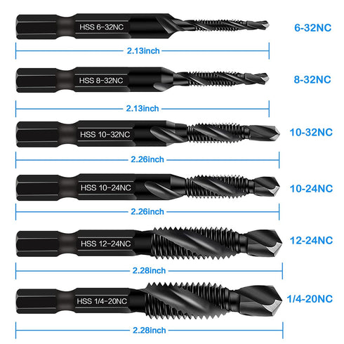 6 Packs Combination Drill & Taps Bit Set, Screw Tapping in SAE Size with Anti-rust Black Coating, 1/4” Hex Shank