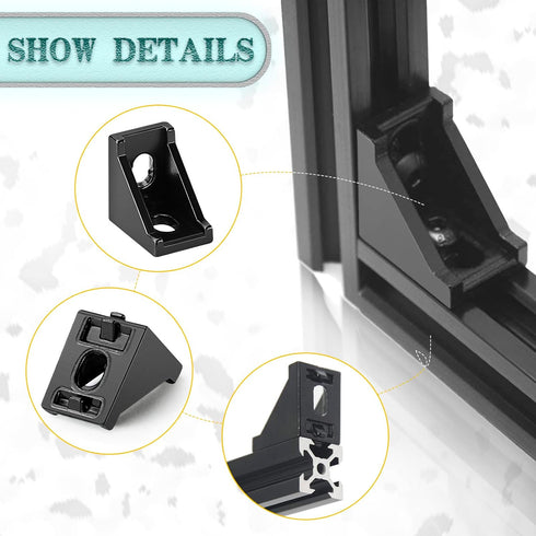 30 Set Black 2020 Series Aluminum Extrusion Profile Connector, Includes 1 Wrench, 30 Corner Brackets, 60 T-Slot Nuts &