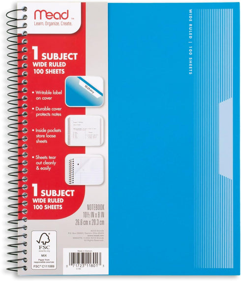 Mead Spiral Notebooks, 5 Pack, 1-Subject, Wide Ruled, 100 Sheets, Plastic Cover, 8" x 10-1/2", Assorted Colors