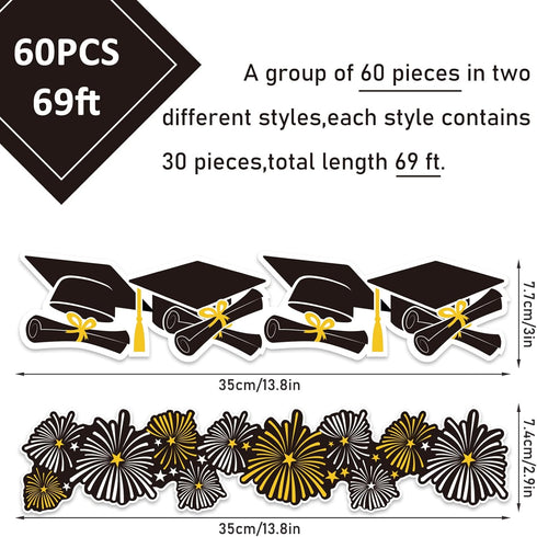 Whaline 69Ft Graduation Bulletin Board Border Graduation Cap Firework Shape Decoration Borders Black Gold White Graduation Bulletin Board Stickers for Holiday School Classroom Office Party Decor