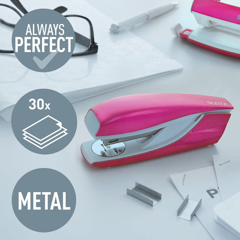 Leitz Stapler, 30 Sheet Capacity, Ergonomic Metal Body, Includes Staples, Metallic Pink, WOW Range, 55022023