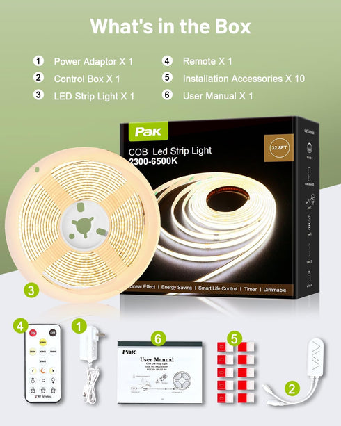 Pak 16.4ft, Dimmable 2300K-6500K, 24V 3040 36W 90, COB LED Strip Lights White CCT Tunable DC High Lumen Cuttable LED