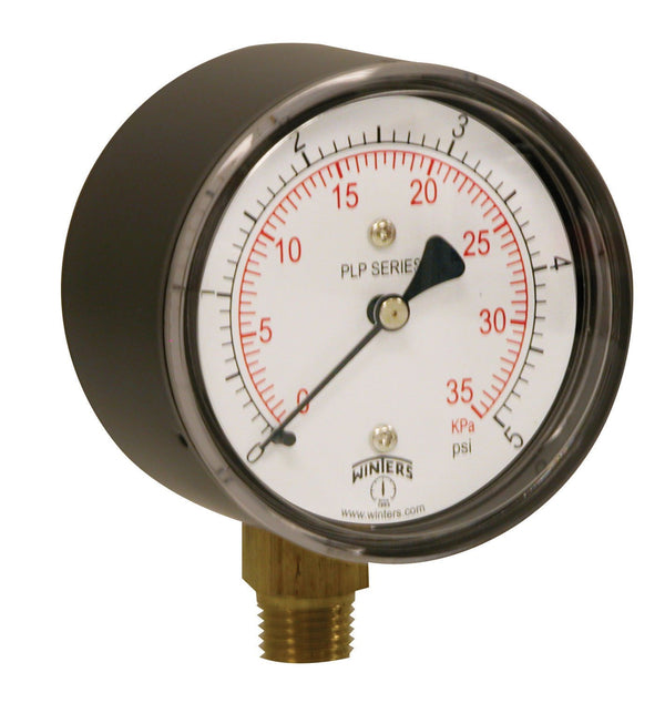 Winters 2-1/2" Dial Size, Liquid Filled Industrial Pressure Gauge, Brass Internals, 304 Stainless Steel Case, Single Scale 0-30 psi, 1.5% Acc, 1/4" NPT Bottom Mount, Glycerin Filled Pressure Gauge