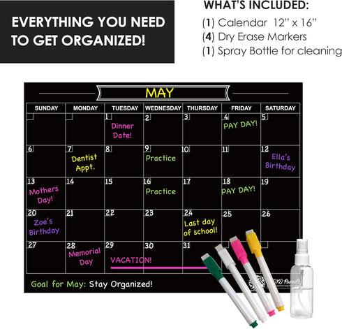 Black Magnetic Calendar for Refrigerator - Dry Erase Calendar for Fridge – For Family, Kids, Workout, Menu Planner – 12 x 16in - Includes 4 Markers and Spray Bottle (Black) by XOXO Parents