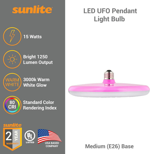 Bulbs, 15 1250 3000K E26 120 110 Sunlite LED UFO Pendant Light Watts, Lumens, Warm White, Medium Base, Volts, Degree