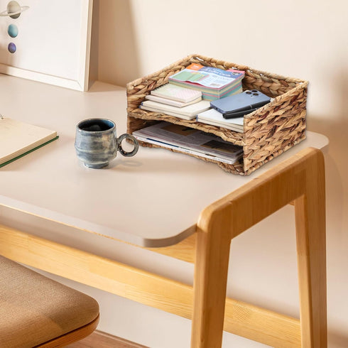 BTSKY 2 Tier Water Hyacinth Letter File Storage Basket, Woven Paper Organizer Tray for Desk Document and Office Paper