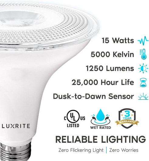 PAR38 Bulb, 90W 5000K 1250 E26 (2 Pack) LUXRITE Dusk to Dawn LED Equivalent, Automatic On Off Sensor, Bright White