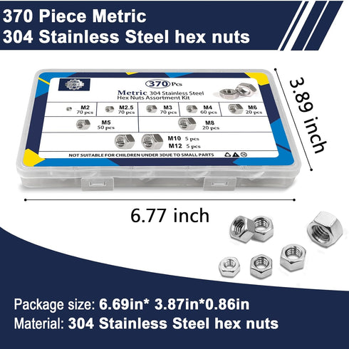 ZQZ 370 M2 M2.5 M3 M4 M5 M6 M8 M10 M12, 304 Set Pcs Metric Hex Nuts Assortment Kit, Stainless Steel Assorted Hex Nuts