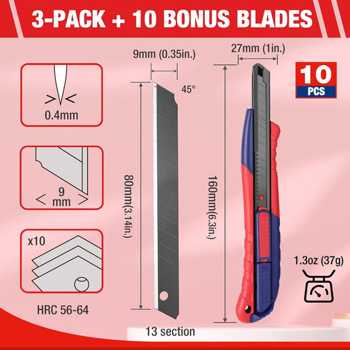 WORKPRO 2-In-1 Safety Utility Knife - Retractable Snap-off Blade, Metal Box Cutter Set with 10 Extra 9mm Blades, Pack