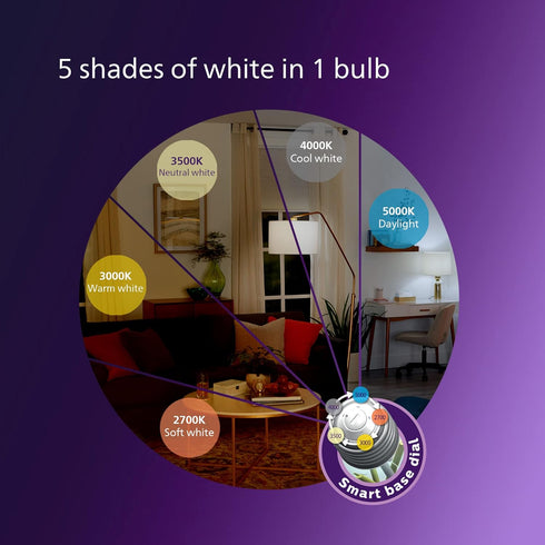 White Dial Flicker-Free Frosted Dimmable A21 Light Bulb, 1100 Lumen, 5 Shades of White, 9W=75W, E26 Base, 2-Pack