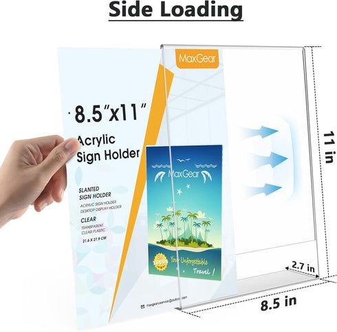 MaxGear 6Pack Acrylic Sign Holder 8.5 X 11, Plastic Sign Holder with Vertical Slanted Back, Clear Picture Photo Frames