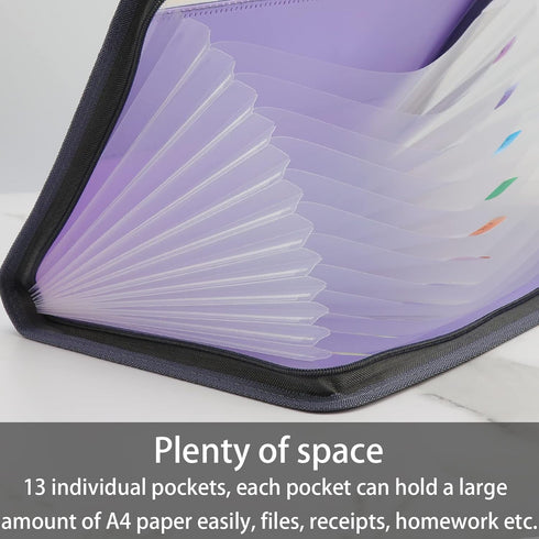 NAFY Accordion File Organizer, 13 Pockets, Expanding File Folder with Zipper, A4 Letter Size, Black+Purple