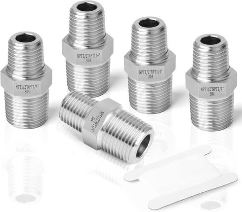 TAISHER 5PCS 304 Stainless Steel Hex Nipple, Reducer Pipe Fitting 1/2-Inch Male x 1/4-Inch Male