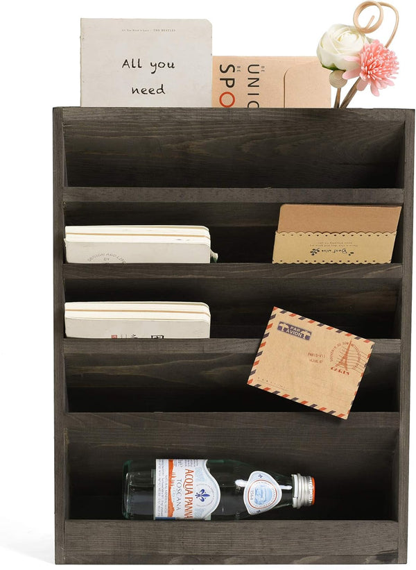 Vintage Rustic Wooden 5 Slot Wall Mounted Document Filing Organizer, Distressed Torched Wood Magazine Rack, Mail Holder
