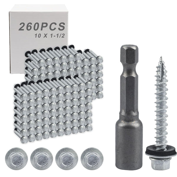 Metal Roofing Screws #10 x 1-1/2 inch Galvanized Hex Head, 260-PCS Self Tapping Screws with Test Hex Socket