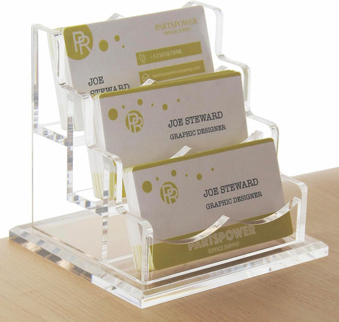 PARTSPOWER Acrylic Business Card Holder - Horizontal Clear Display Stand, Desk Accessory Organizer (3-Slot)