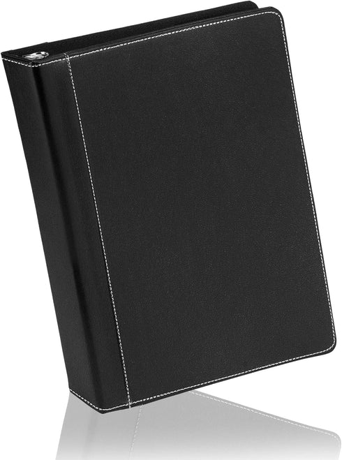 Twain Black Contrast Stitched Vegan Leather Binder with Round 1 Inch Capacity Nickel Metal Ring, Portfolio Organizer