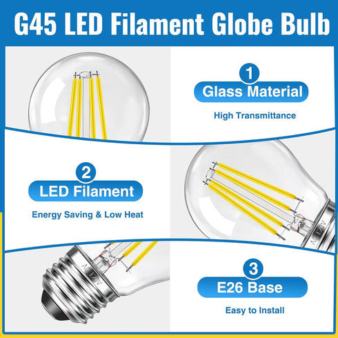 Blakapoo G45 Bulb 4W (40 5000K Bulb, E26 Bulbs Non-Dimmable, 2 Pack LED Edison Filament Watt Equivalent), Daylight LED
