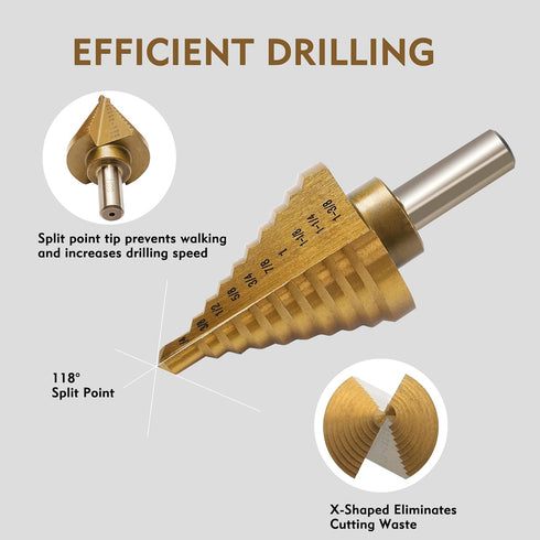 6 Pcs Step Drill Bit Set, High Speed Steel Unibit Drill Bits, Automatic Center Punch for Sheet Metal, 50 Sizes