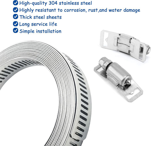 10FT Metal Strapping Hose Clamps + 10 Fasteners Adjustable Large Worm Gear Clamps Assortment Kit for Pipe WSWECCL