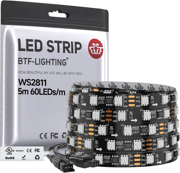 BTF-LIGHTING UL Listed WS2811 IC=RGB+IC Addressable Color RGB LED Strip,16.4FT 60LED/m 10Pixels/m,IP30
