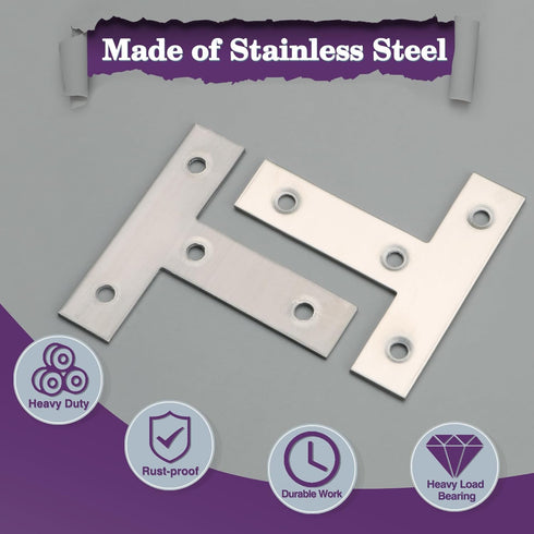 Alise T Flat Brackets, 60mm x 60mm Stainless Steel Corner Brace Mending Plate for Wood Tables, Chairs, Pack of 8