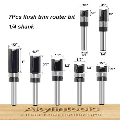 7pcs 1/4 Inch Trimmer Jointing,Trimming Pattern Router Bit Top Bearing Shank,Top Bearing Flush Trim Router Bit, Router